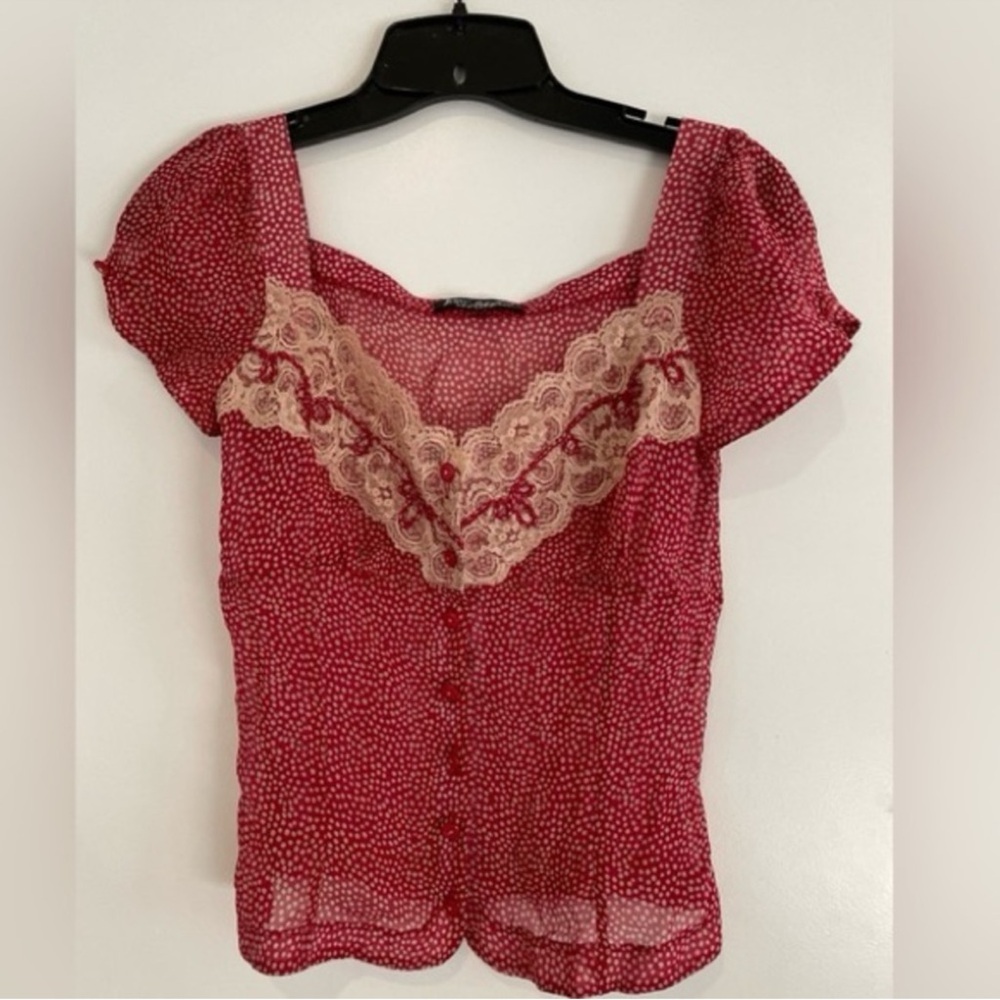 Betsey Johnson Silk Polka Dot Lace Red 90s Y2k Vintage Top Blouse size 6